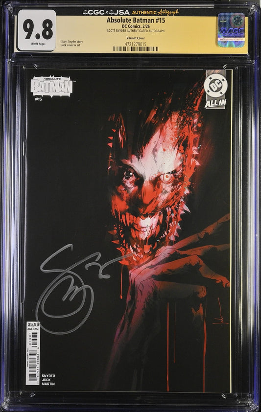 ABSOLUTE BATMAN #15 CGC 9.8 JSA SCOTT SNYDER SIGNED 1ST PRINT JOCK Variant