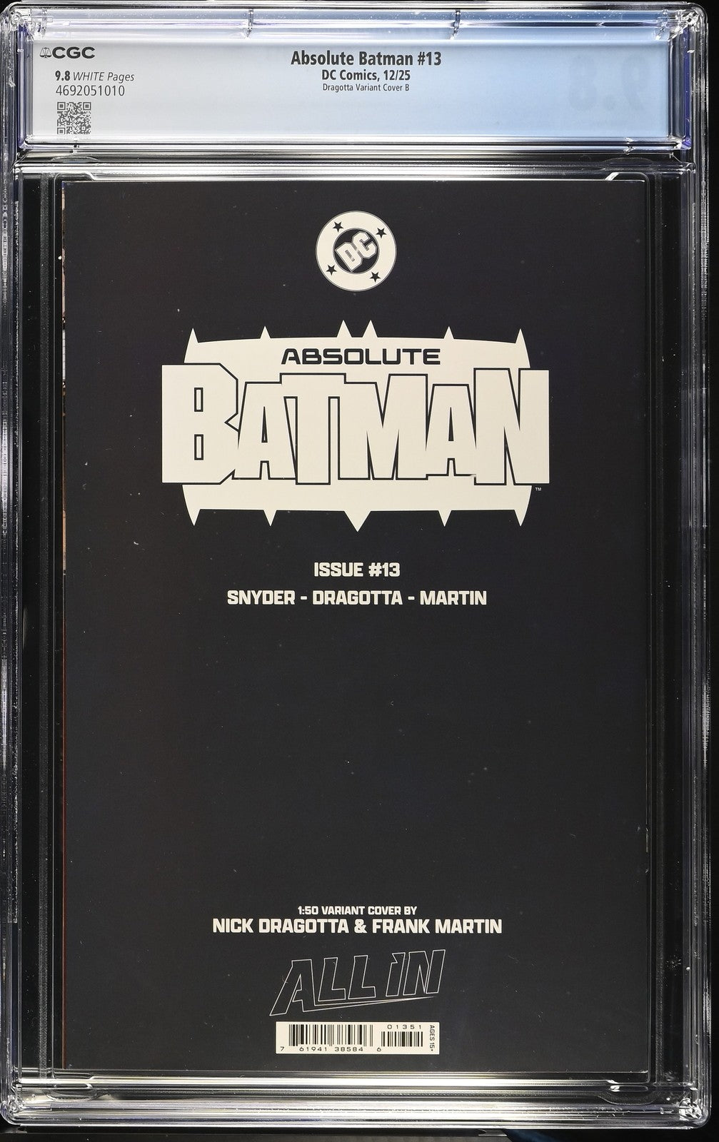 Absolute Batman #13 Nick Dragotta Scott Synder 1:50 CGC 9.8 Virgin Variant