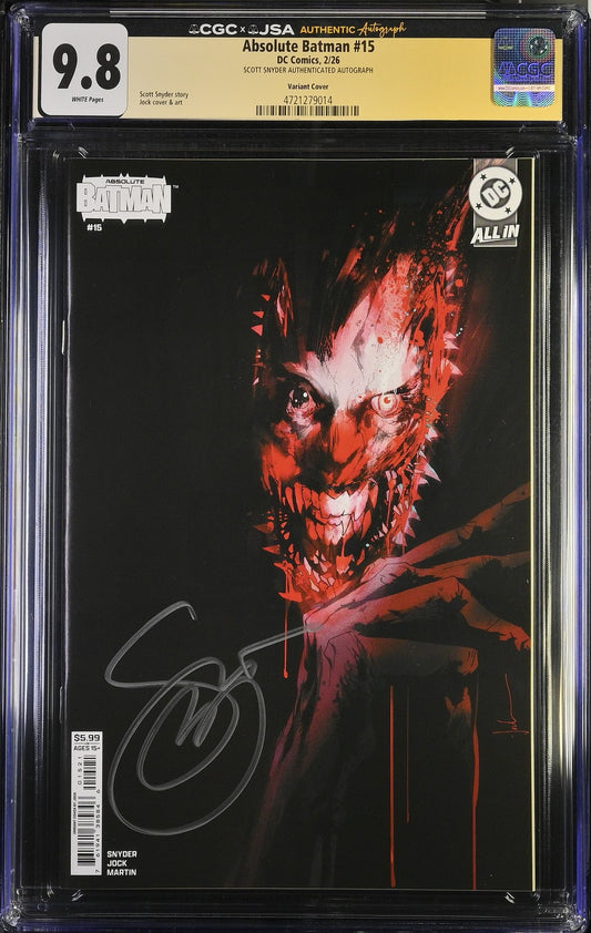 ABSOLUTE BATMAN #15 CGC 9.8 JSA SCOTT SNYDER SIGNED 1ST PRINT JOCK Variant