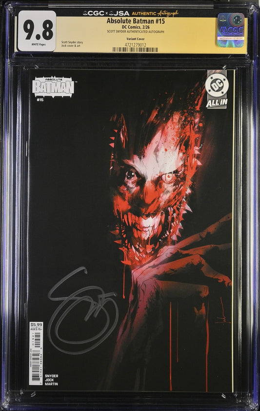 ABSOLUTE BATMAN #15 CGC 9.8 JSA SCOTT SNYDER SIGNED 1ST PRINT JOCK Variant