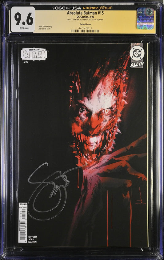 ABSOLUTE BATMAN #15 CGC 9.6 JSA SCOTT SNYDER SIGNED 1ST PRINT JOCK Variant