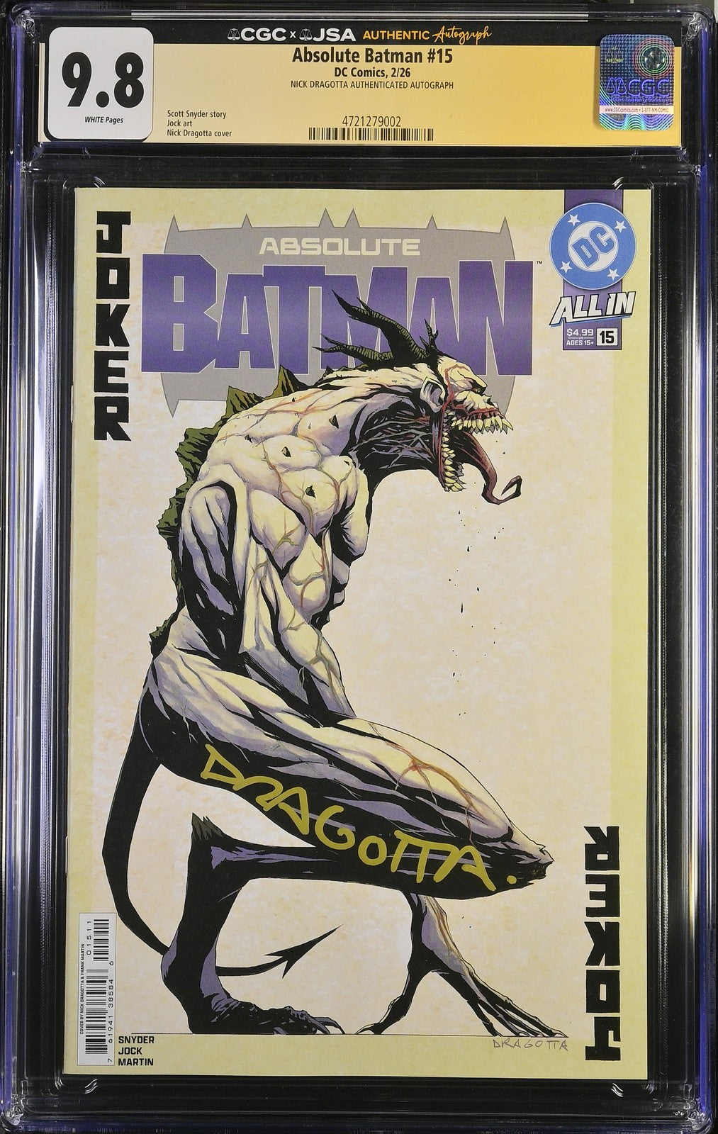 Absolute Batman #15 CGC 9.8 SIGNED Nick Dragotta JSA 1st Full ABSOLUTE JOKER A