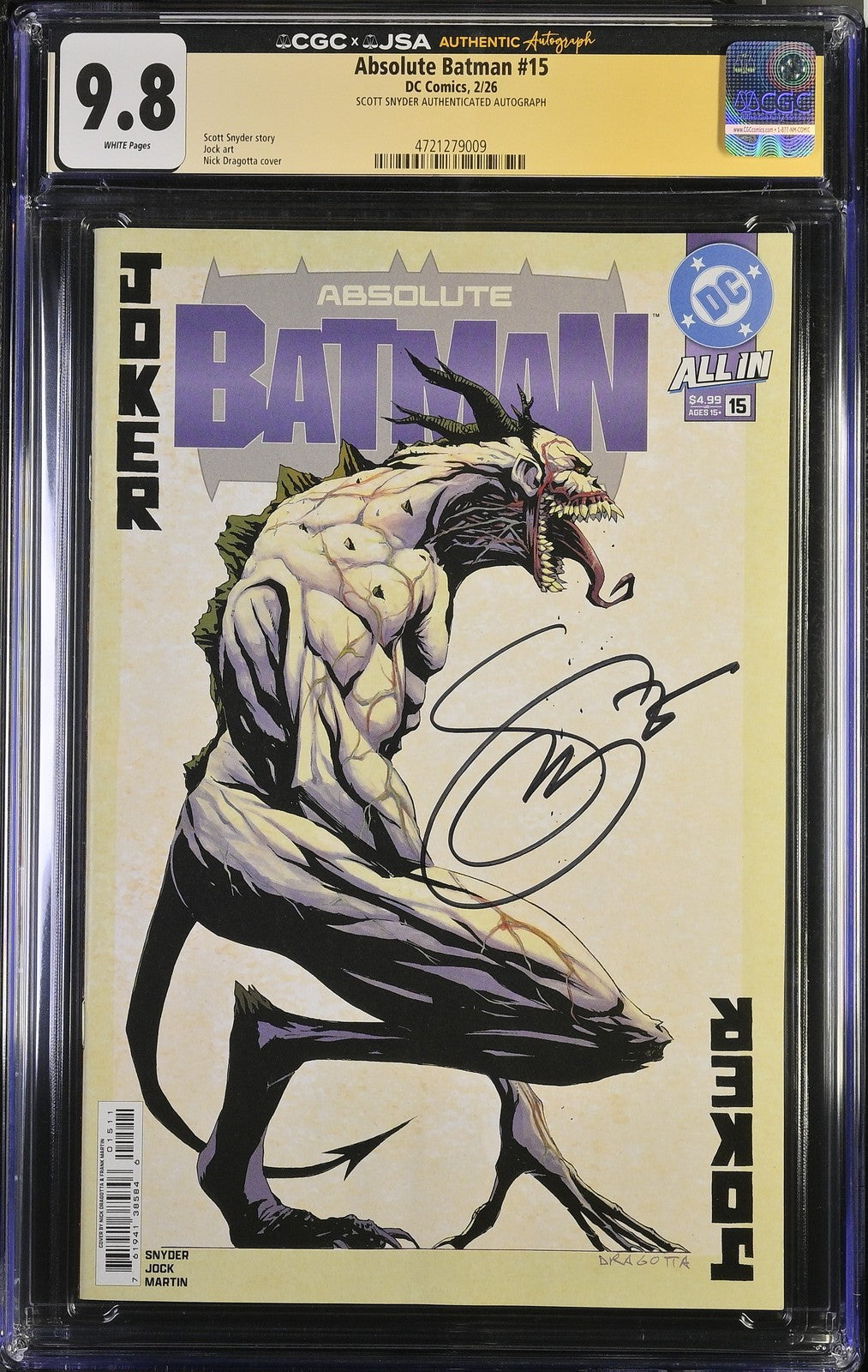 Absolute Batman #15 CGC 9.8 SIGNED Scott Snyder JSA 1st Full ABSOLUTE JOKER A